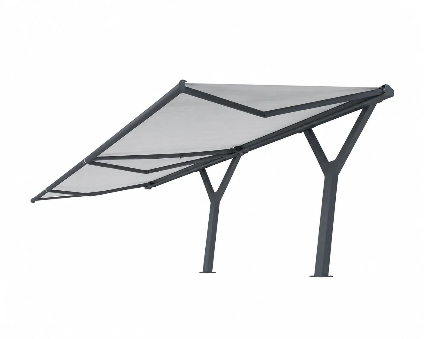 Wall-mounted aluminum patio canopy with a clear polycarbonate roof
