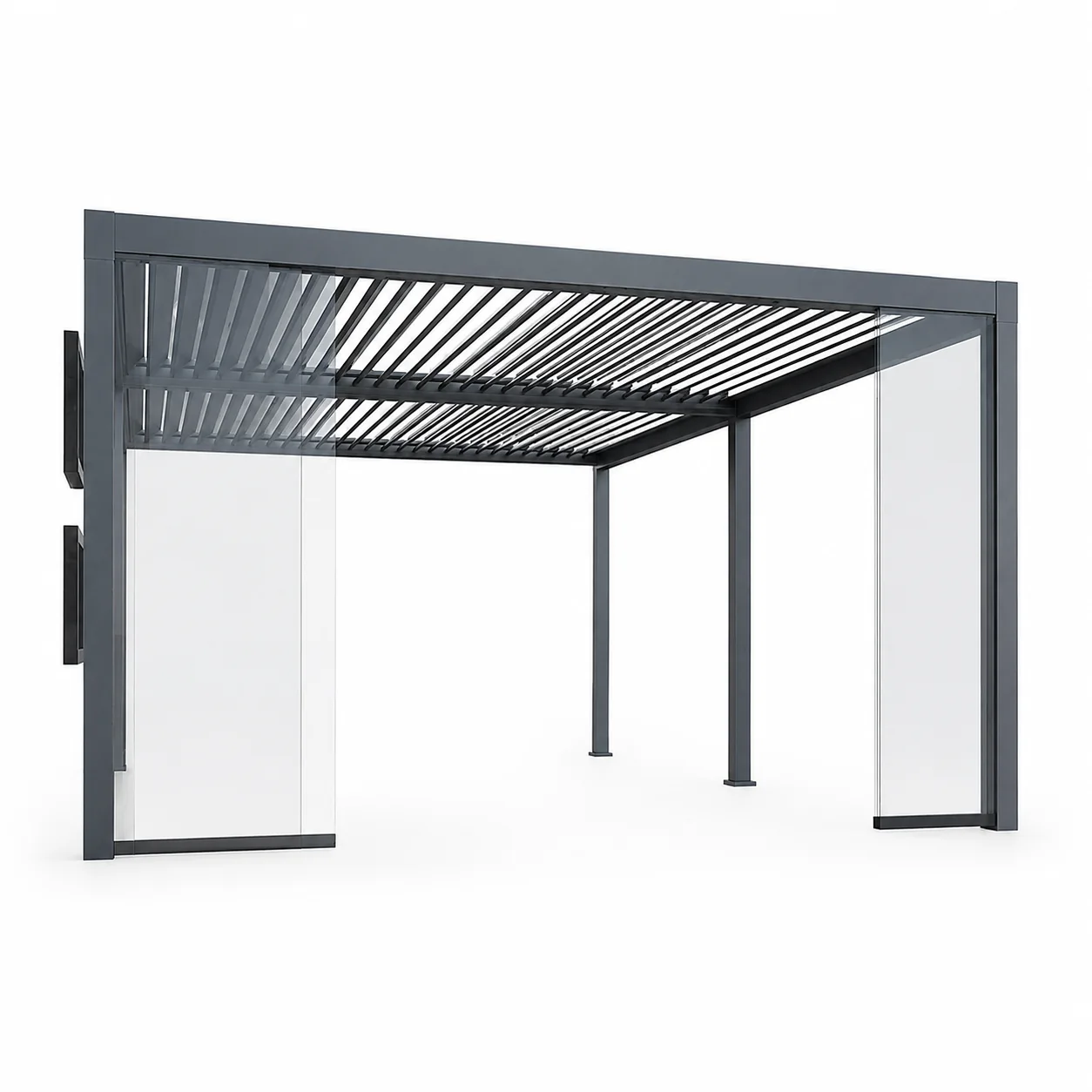 Aluminum louvered pergola configured with transparent side enclosure