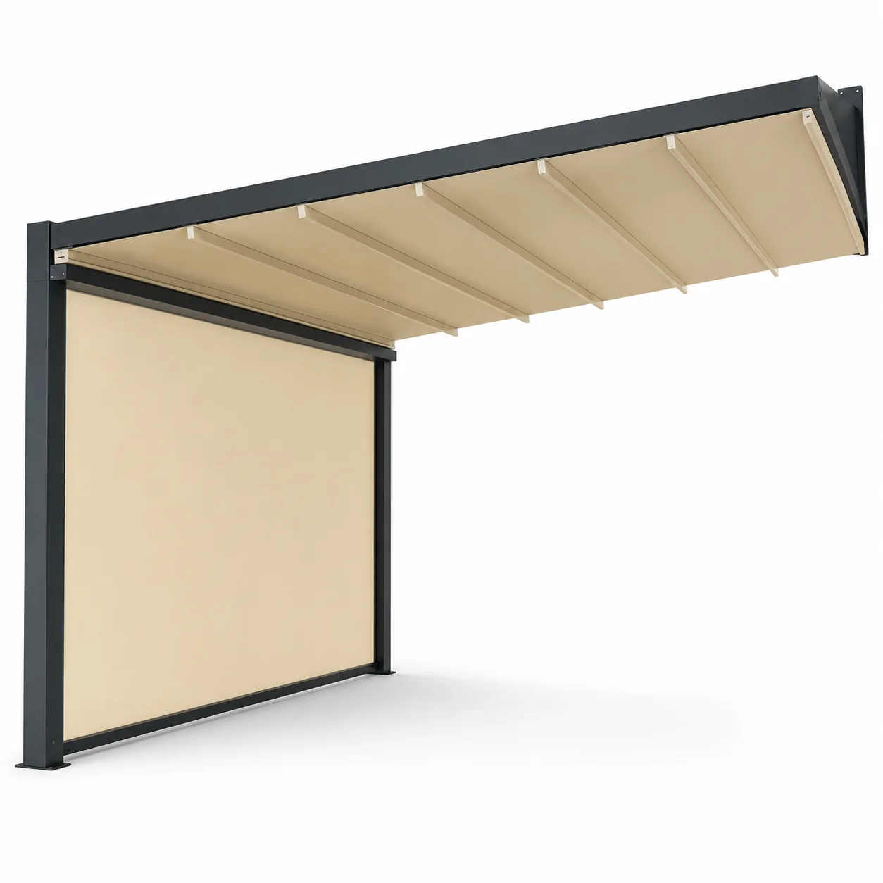 Motorized retractable fabric roof system installed on an aluminum outdoor structure