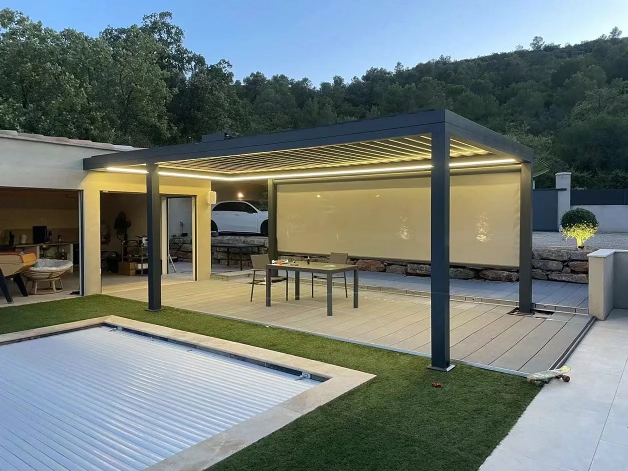 Poolside aluminum louvered pergola with side screen and lighting