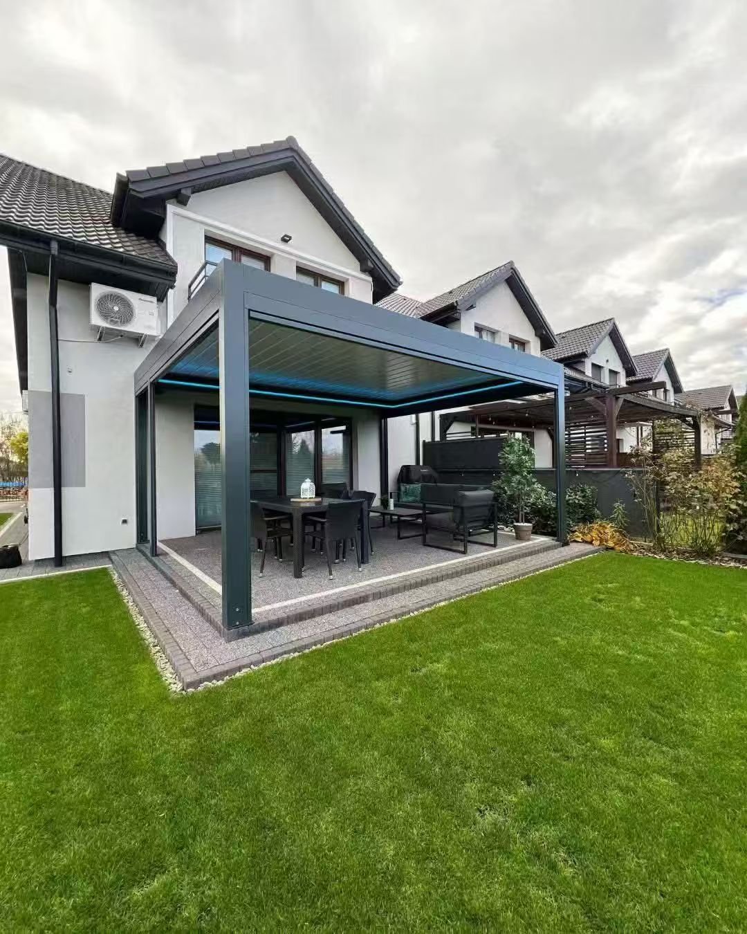 Wall-Mounted Aluminum Louvered Pergola with LED Lighting