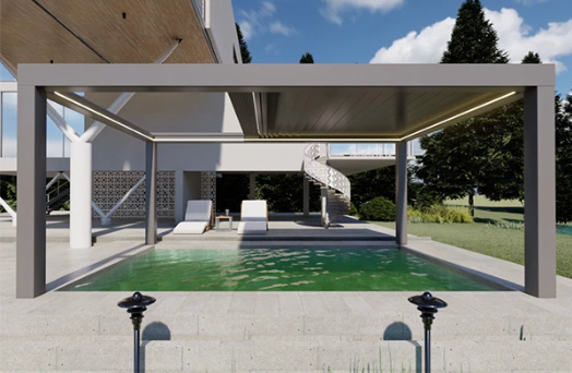 Poolside motorized aluminum louvered pergola with LED lighting