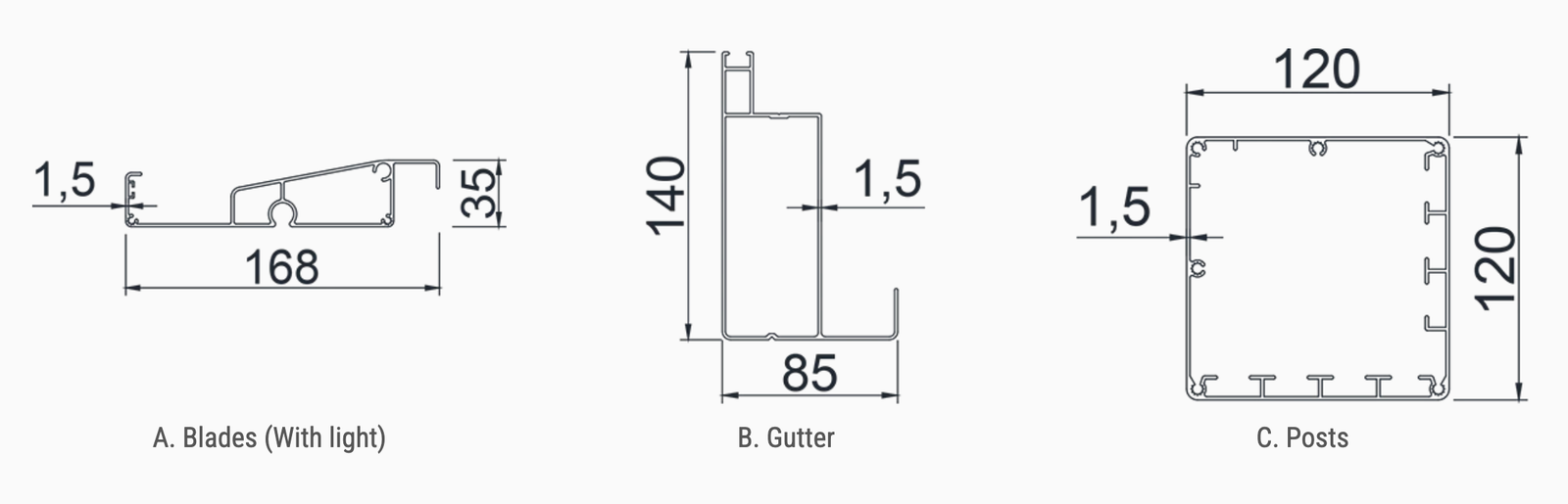 F168 Medium-Type Louvered Pergola aluminum profile dimensions