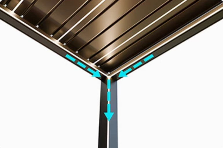 Integrated drainage system for an aluminum louvered pergola