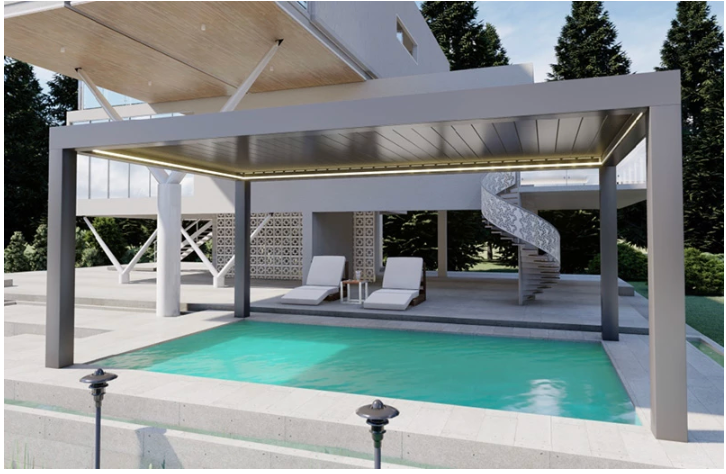 Poolside aluminum louvered pergola with integrated LED lighting