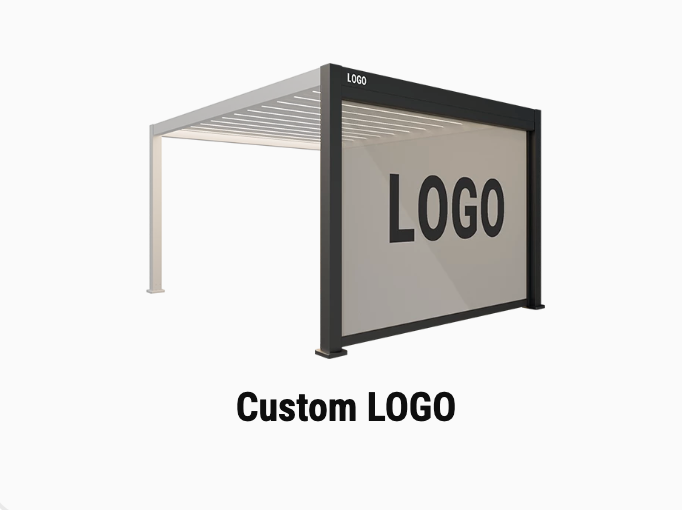 Custom logo integration on an aluminum louvered pergola