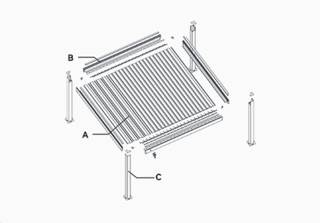 F150 Light-Type Louvered Pergola exploded structure diagram