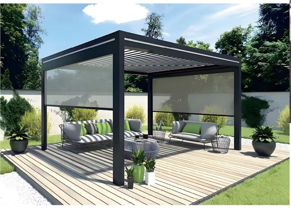 Freestanding aluminum louvered pergola with two retractable windproof screens over a residential garden patio