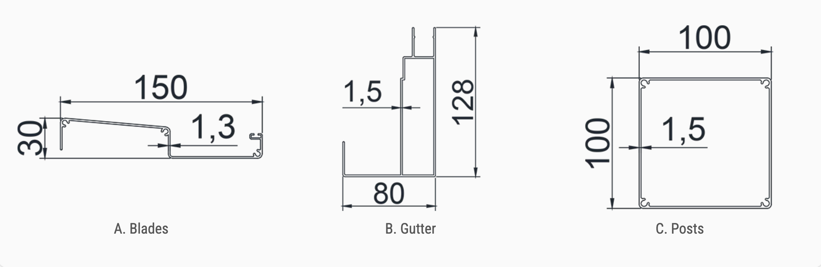 F150 Light-Type Louvered Pergola aluminum profile dimensions