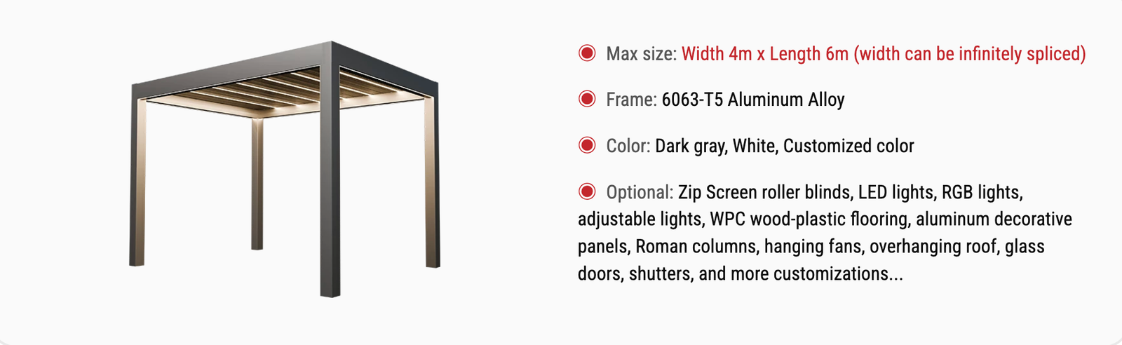 F210 Pro Heavy-Type Louvered Pergola specifications and options