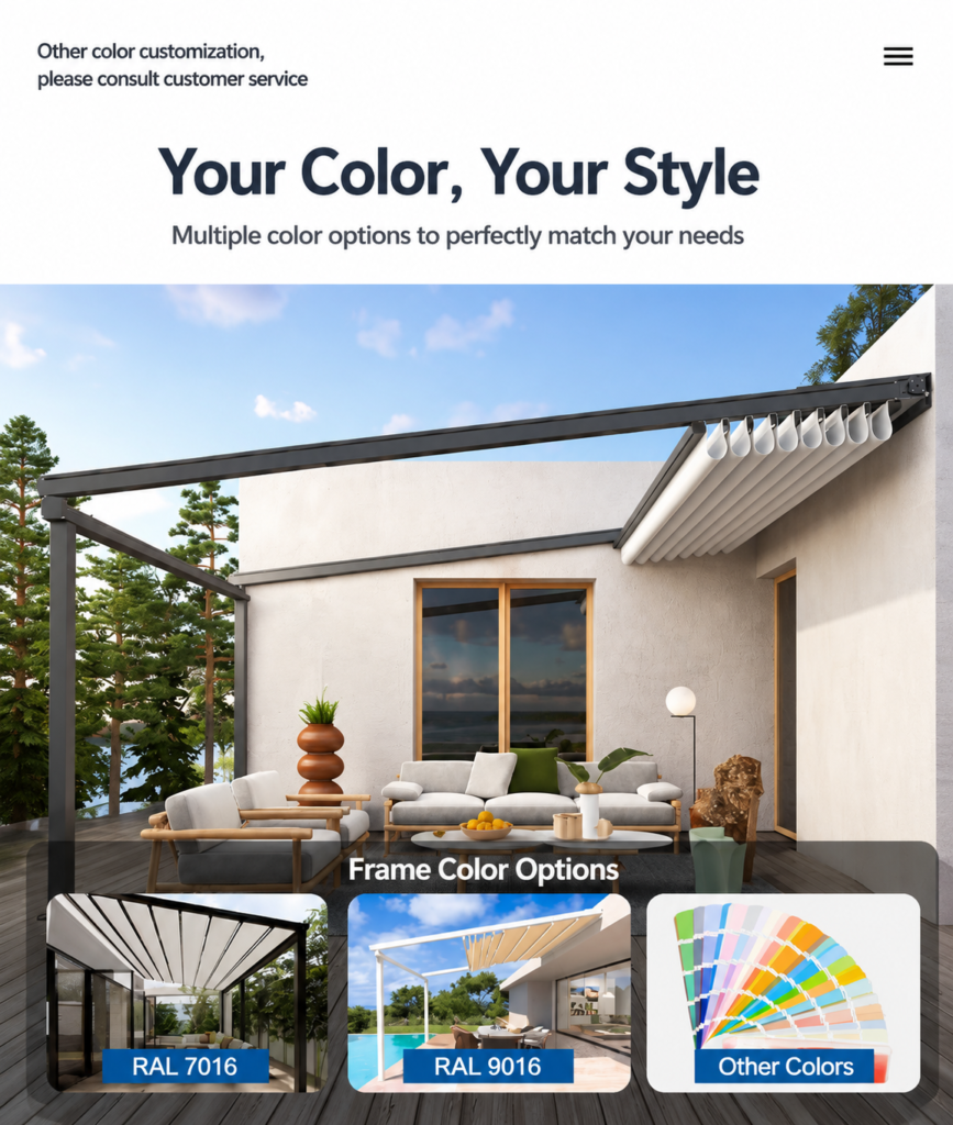 Custom frame color options for an aluminum retractable pergola awning including RAL 7016 and RAL 9016