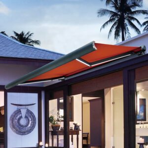 Wall-mounted full-cassette retractable awning with orange fabric, aluminum folding arms and integrated LED lighting