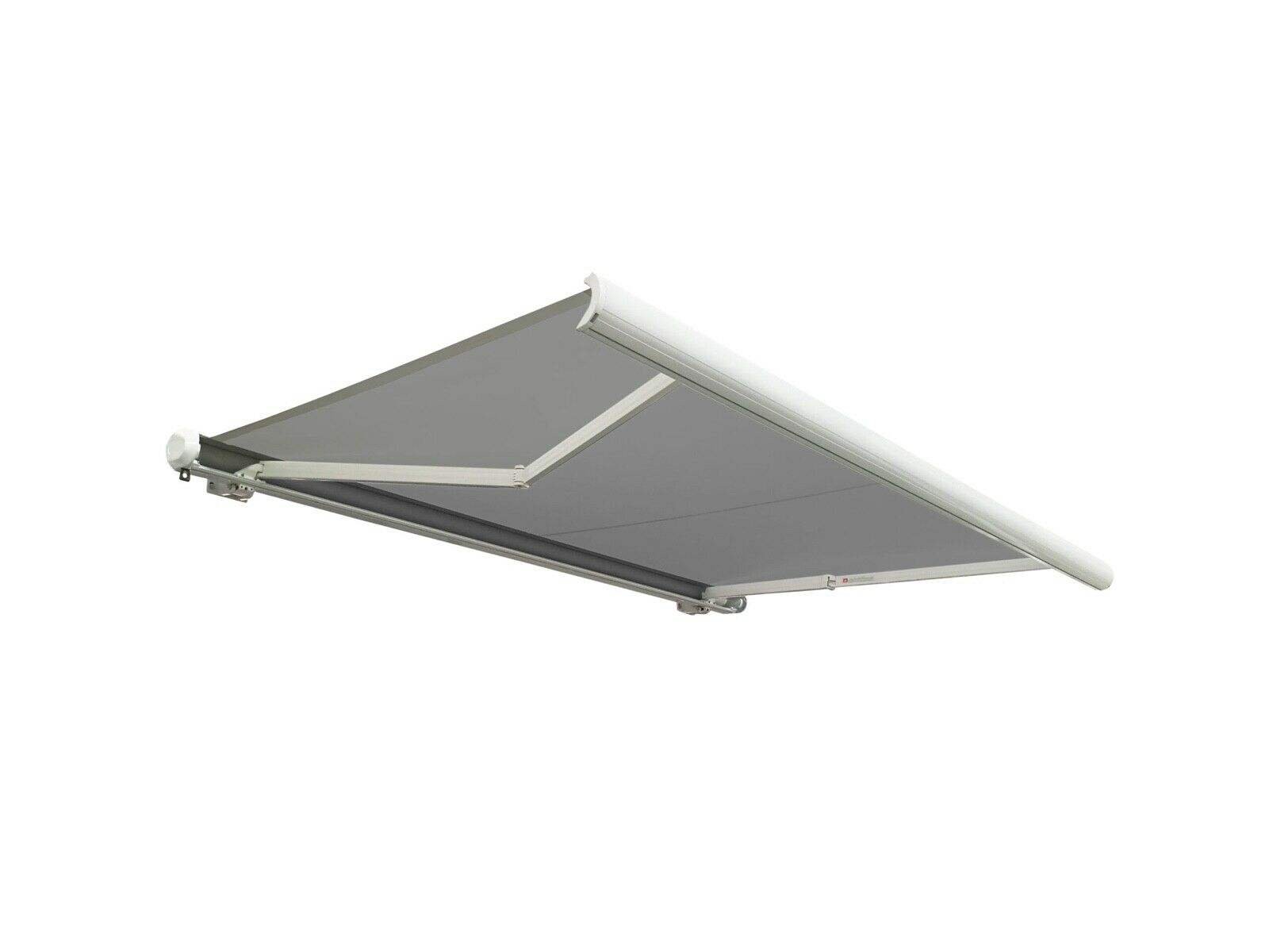 Full-cassette retractable folding arm awning with an aluminum frame and gray weather-resistant fabric canopy