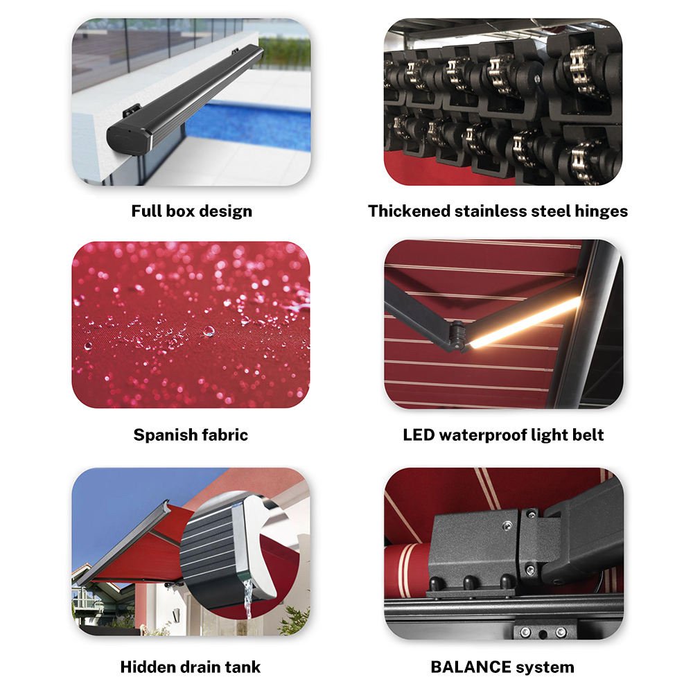 Full-cassette retractable awning components including stainless steel hinges, Spanish fabric, waterproof LED lighting, concealed drainage and balance system