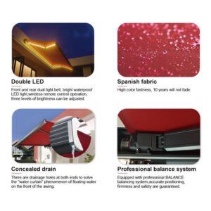 Motorized retractable awning features including dual LED lighting, weather-resistant Spanish fabric, concealed drainage and a professional balance system