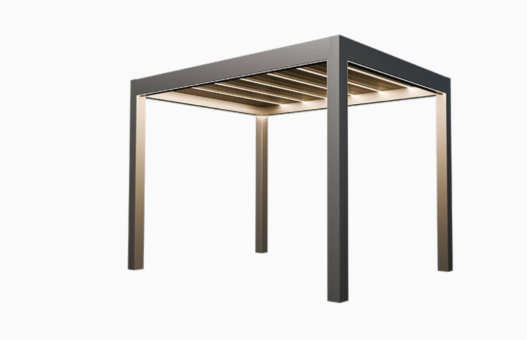 Freestanding dark gray aluminum louvered pergola with integrated warm LED lighting