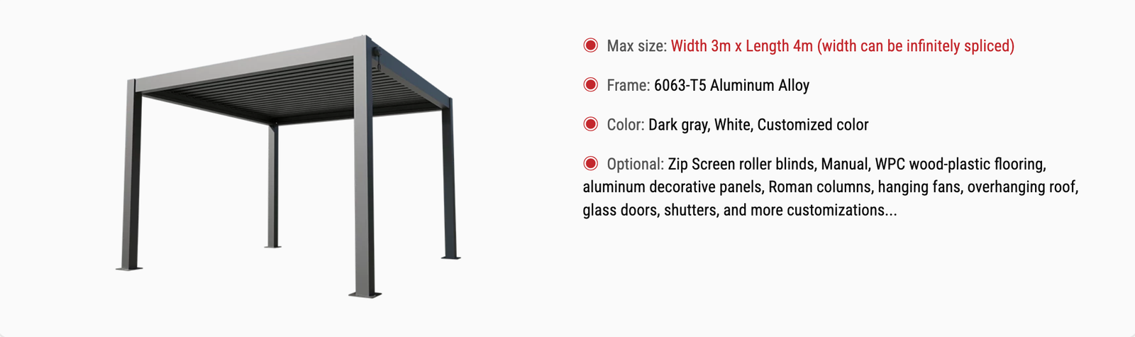 F150 Light-Type Louvered Pergola specifications and options