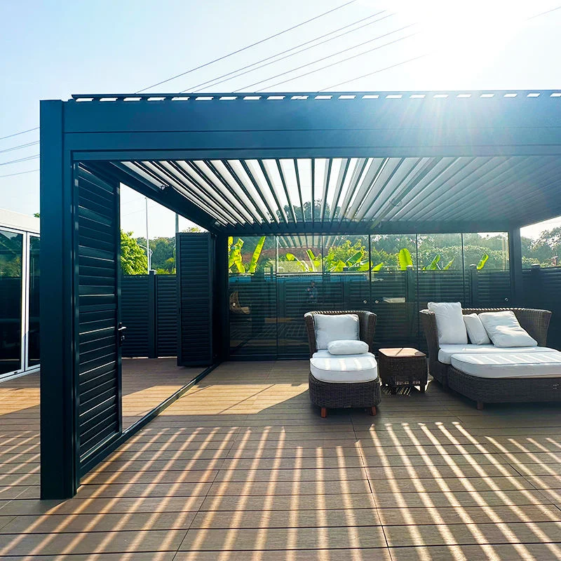 Black aluminum louvered pergola with adjustable roof and privacy side panels for an outdoor patio