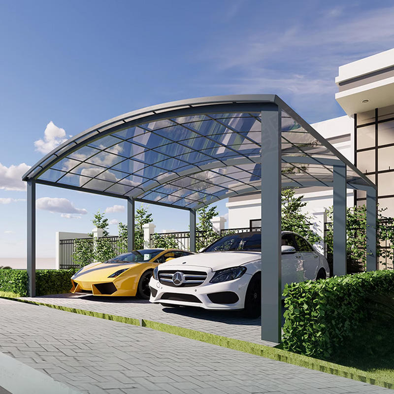 Double curved aluminum carport covering two vehicles