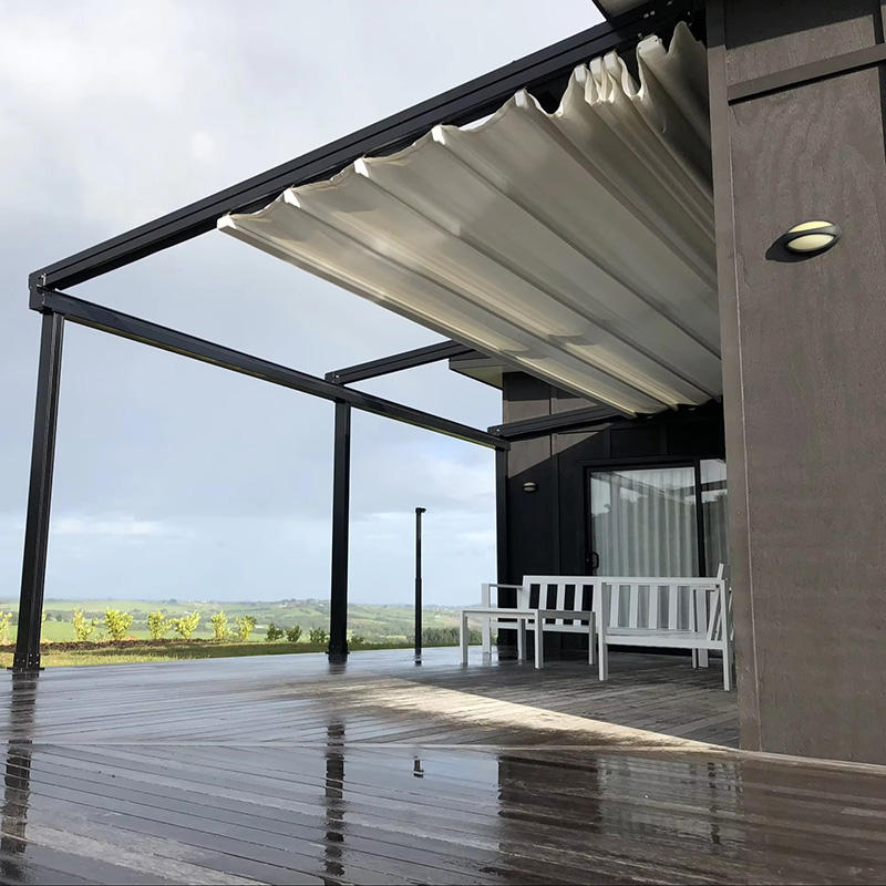 Wall mounted aluminum pergola with retractable fabric roof for commercial terrace shade