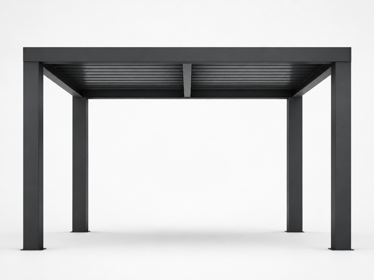Black coastal aluminum pergola with integrated drainage and adjustable roof louvers