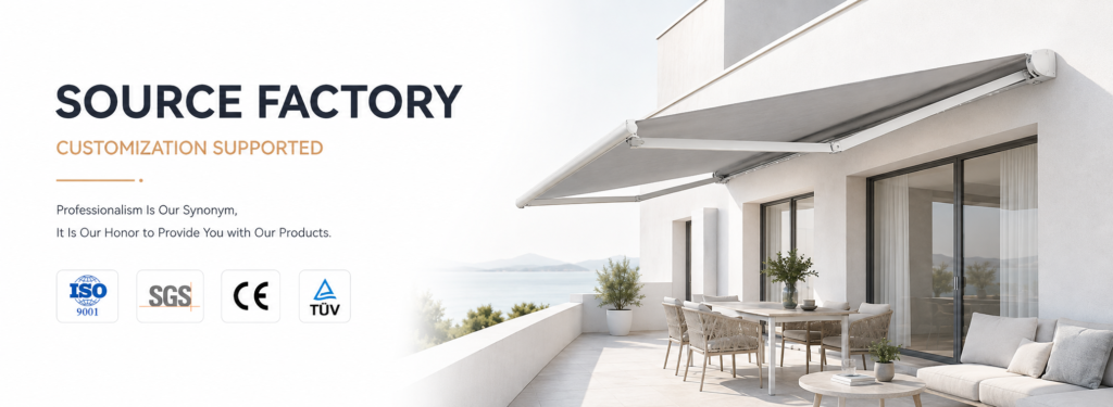 Factory-direct motorized retractable awning installed over a modern residential terrace for outdoor sun and rain protection