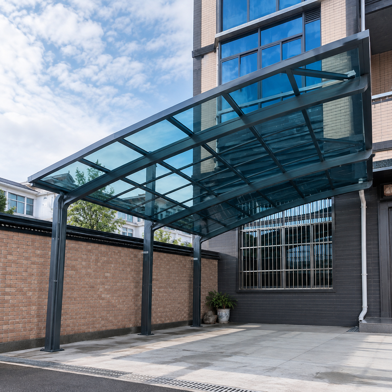 Outside-corner aluminum polycarbonate rain canopy with lake-blue roof